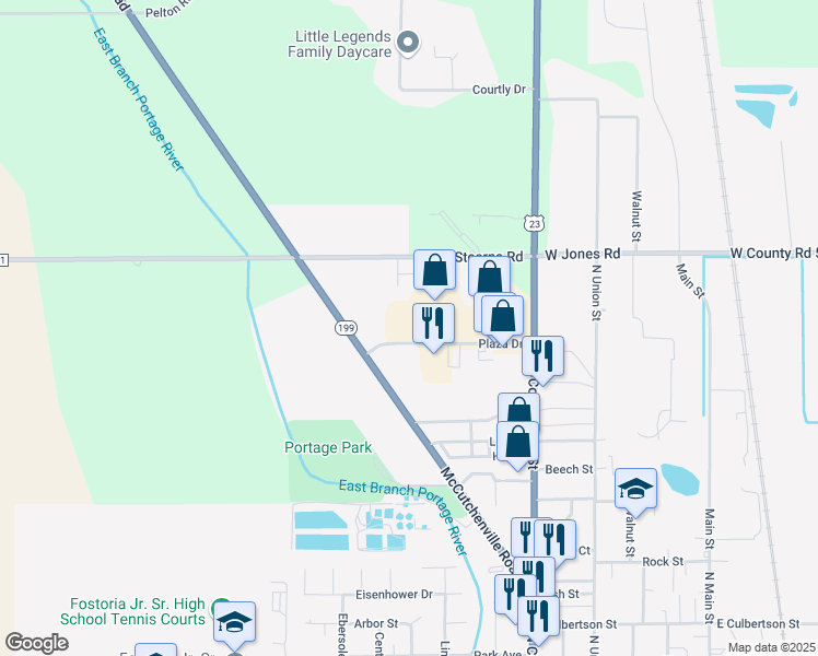 map of restaurants, bars, coffee shops, grocery stores, and more near 620 Plaza Drive in Fostoria