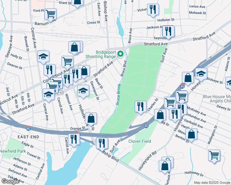 map of restaurants, bars, coffee shops, grocery stores, and more near 76 Cowles Street in Bridgeport