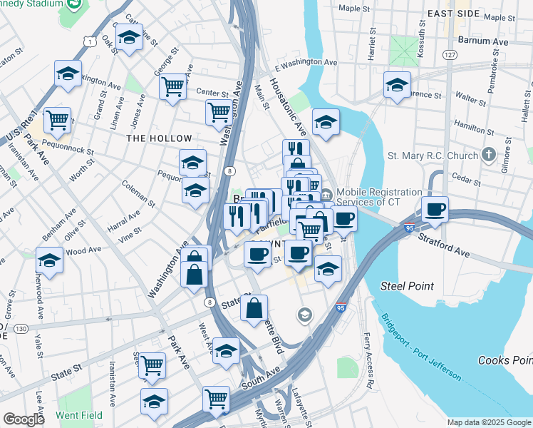 map of restaurants, bars, coffee shops, grocery stores, and more near in Bridgeport