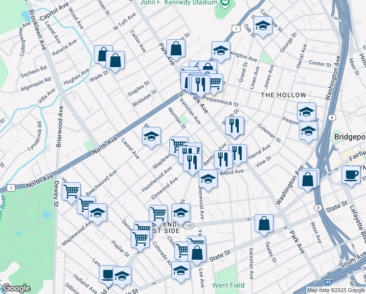 map of restaurants, bars, coffee shops, grocery stores, and more near 308 Maplewood Avenue in Bridgeport