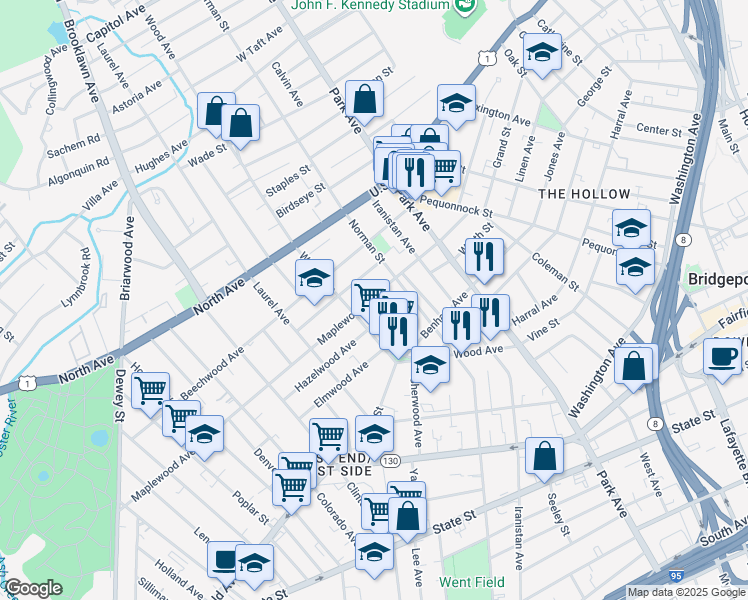 map of restaurants, bars, coffee shops, grocery stores, and more near 308 Maplewood Avenue in Bridgeport