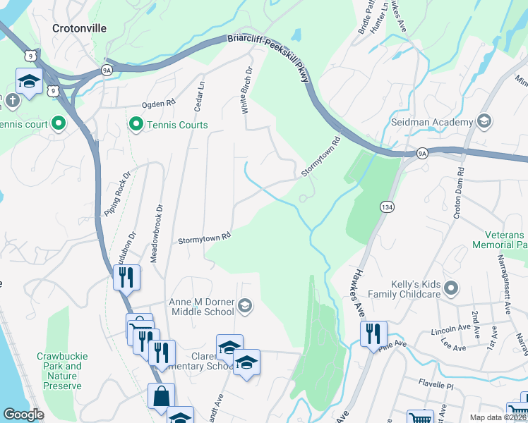 map of restaurants, bars, coffee shops, grocery stores, and more near 45 Stormytown Road in Ossining