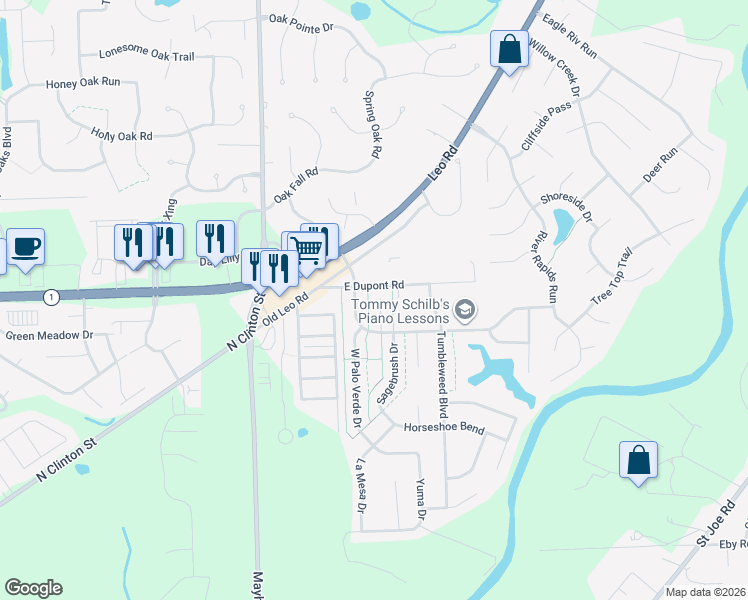map of restaurants, bars, coffee shops, grocery stores, and more near 10329 Deadwood Court in Fort Wayne