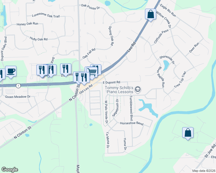 map of restaurants, bars, coffee shops, grocery stores, and more near 10329 Deadwood Court in Fort Wayne