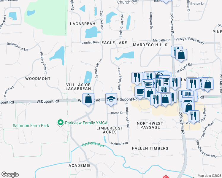 map of restaurants, bars, coffee shops, grocery stores, and more near 110 West Dupont Road in Fort Wayne