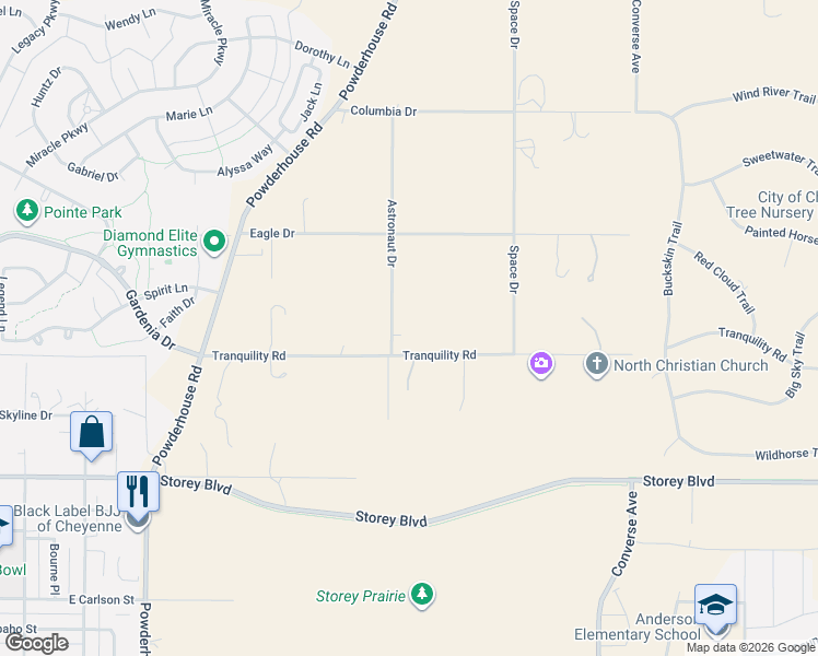 map of restaurants, bars, coffee shops, grocery stores, and more near 1710 Tranquility Road in Cheyenne