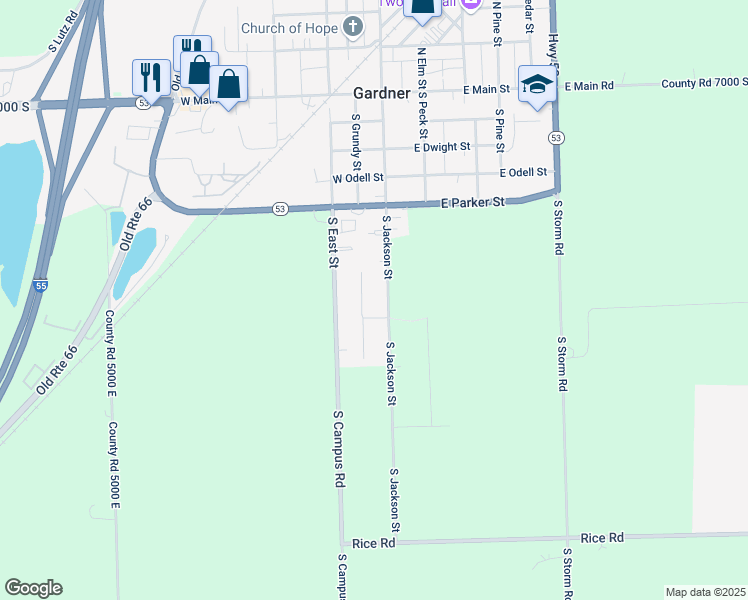 map of restaurants, bars, coffee shops, grocery stores, and more near 610 South East Street in Gardner
