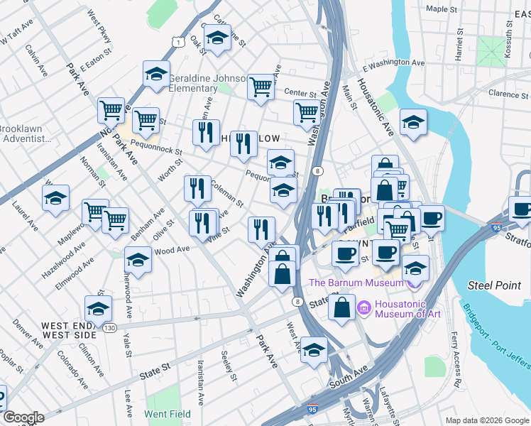 map of restaurants, bars, coffee shops, grocery stores, and more near 62 Coleman Street in Bridgeport