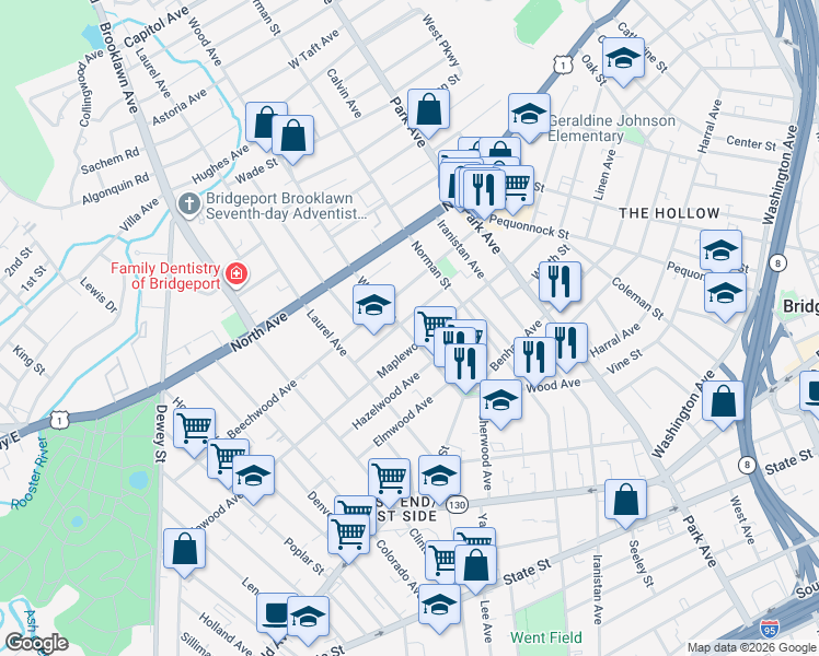 map of restaurants, bars, coffee shops, grocery stores, and more near 510 Wood Avenue in Bridgeport