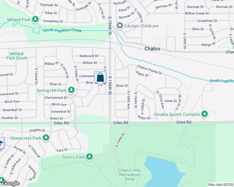 map of restaurants, bars, coffee shops, grocery stores, and more near 15446 Rosewood Street in Omaha