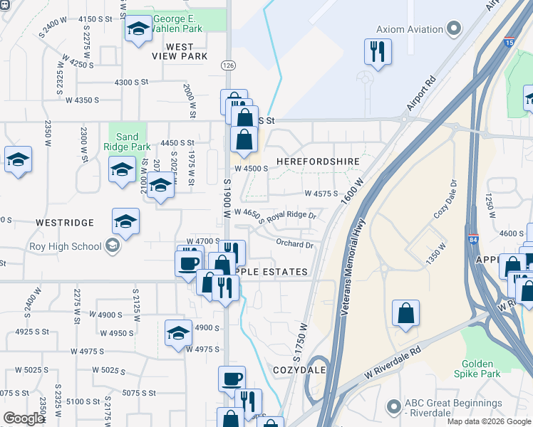 map of restaurants, bars, coffee shops, grocery stores, and more near 1746 Grove Hideaway Street in Roy