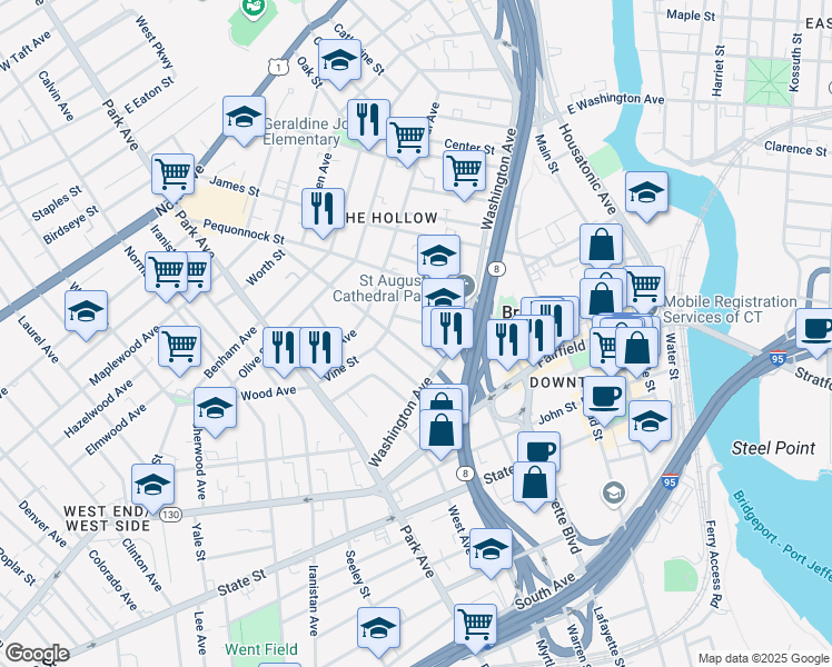 map of restaurants, bars, coffee shops, grocery stores, and more near 62 Coleman Street in Bridgeport