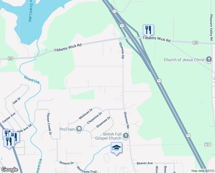 map of restaurants, bars, coffee shops, grocery stores, and more near 545 Secrist Lane in Girard