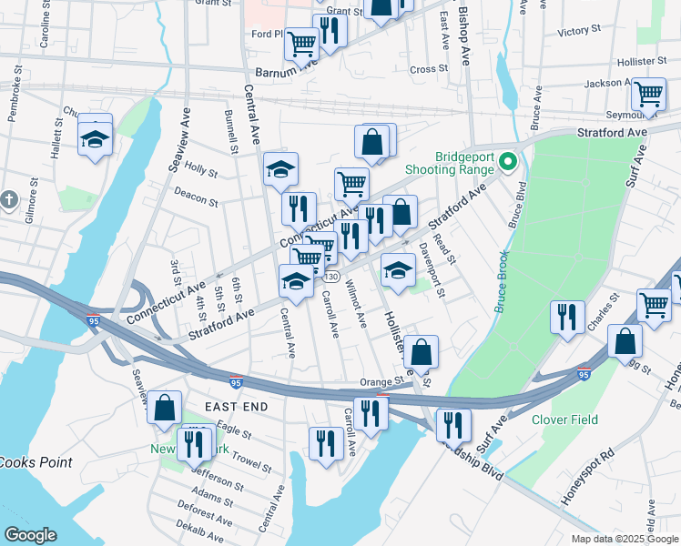 map of restaurants, bars, coffee shops, grocery stores, and more near 1443 Stratford Avenue in Bridgeport
