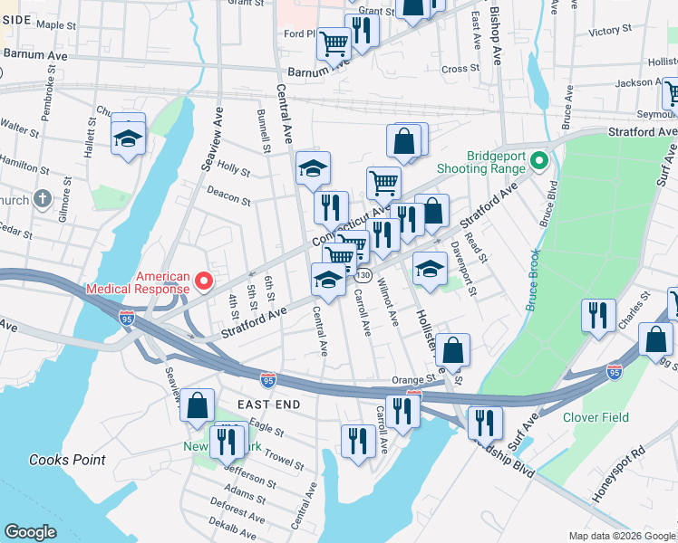 map of restaurants, bars, coffee shops, grocery stores, and more near 503 Carroll Avenue in Bridgeport