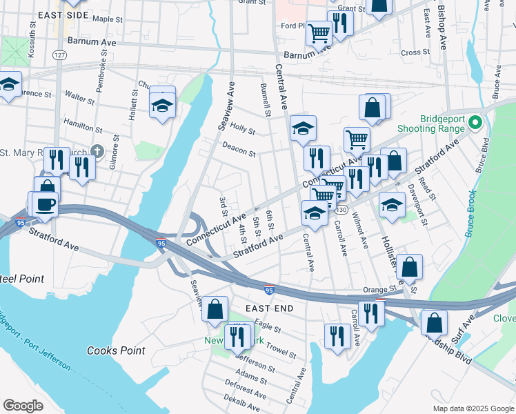 map of restaurants, bars, coffee shops, grocery stores, and more near 469 Connecticut Avenue in Bridgeport