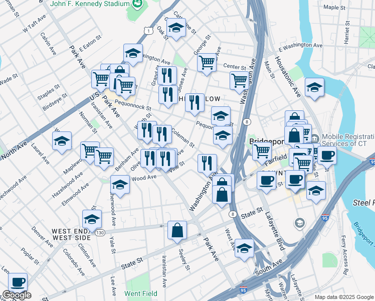 map of restaurants, bars, coffee shops, grocery stores, and more near in Bridgeport