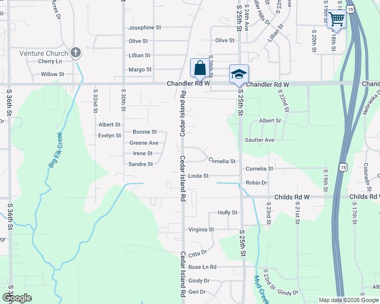 map of restaurants, bars, coffee shops, grocery stores, and more near 2627 Greene Avenue in Omaha