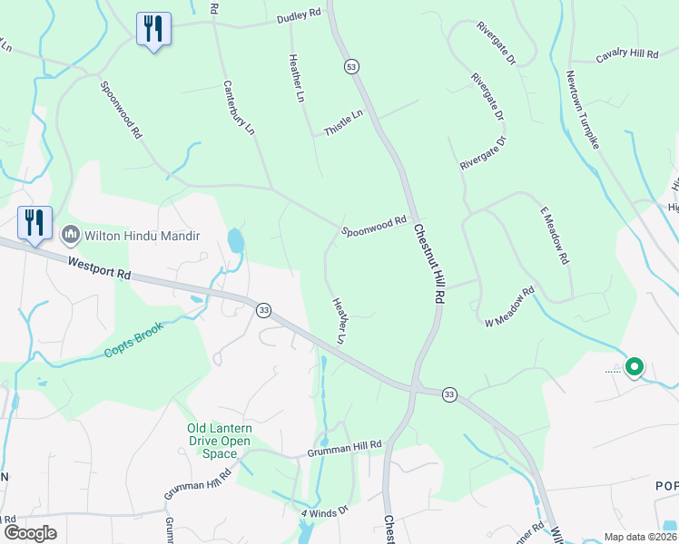 map of restaurants, bars, coffee shops, grocery stores, and more near 29 Spoonwood Road in Wilton