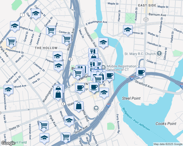 map of restaurants, bars, coffee shops, grocery stores, and more near 1208 Broad Street in Bridgeport
