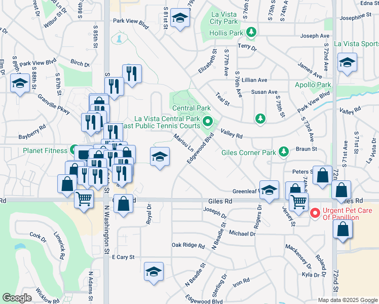map of restaurants, bars, coffee shops, grocery stores, and more near 7809 Marisu Lane in La Vista