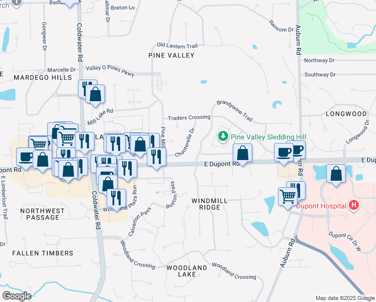 map of restaurants, bars, coffee shops, grocery stores, and more near 1408 Chanterelle Drive in Fort Wayne