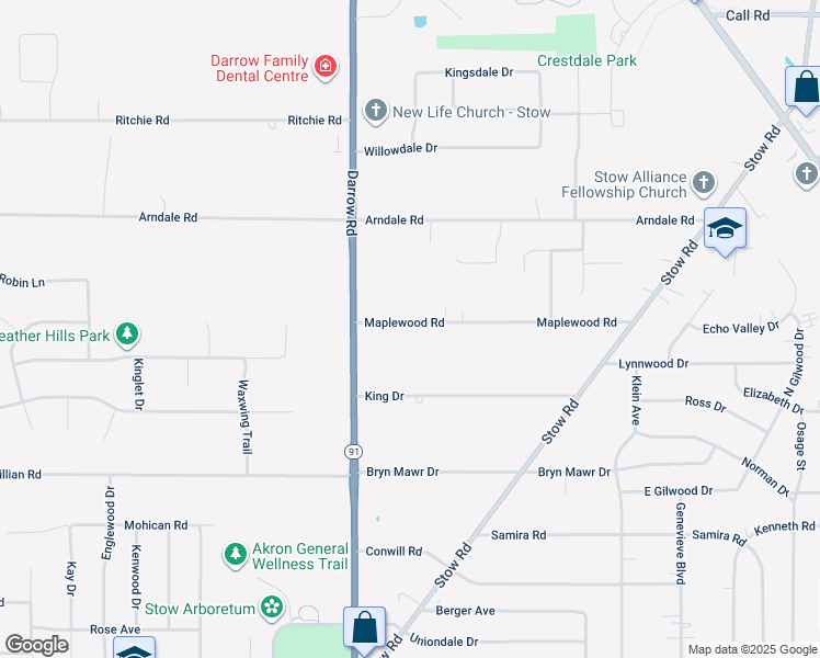 map of restaurants, bars, coffee shops, grocery stores, and more near 4175 Darrow Road in Stow