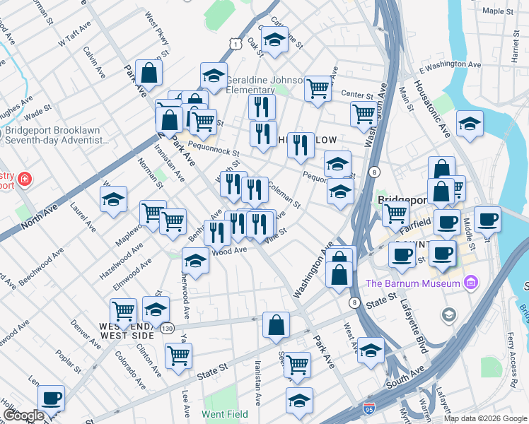 map of restaurants, bars, coffee shops, grocery stores, and more near 33 Rosedale Street in Bridgeport