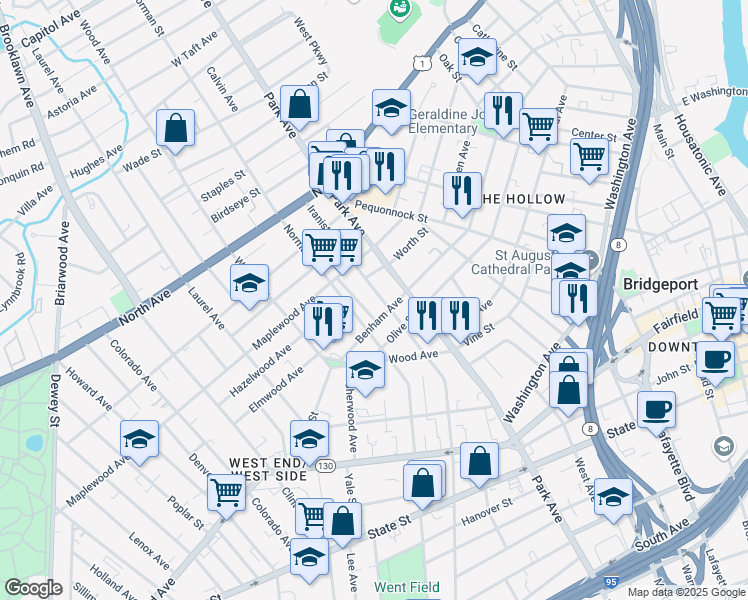 map of restaurants, bars, coffee shops, grocery stores, and more near 1433 Iranistan Avenue in Bridgeport