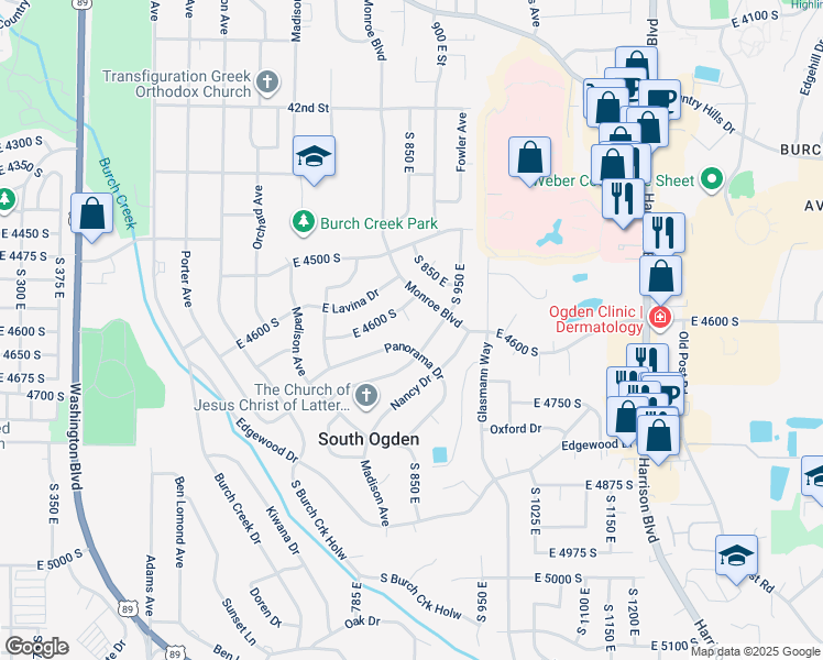map of restaurants, bars, coffee shops, grocery stores, and more near 4627 Dixie Circle in Ogden