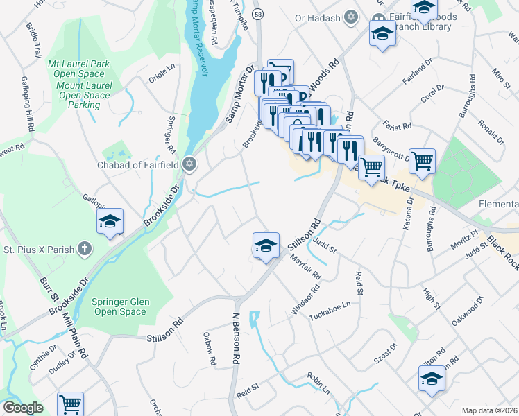 map of restaurants, bars, coffee shops, grocery stores, and more near 154 Pansy Road in Fairfield