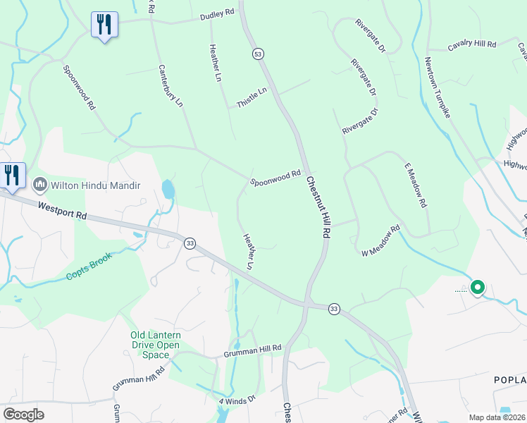 map of restaurants, bars, coffee shops, grocery stores, and more near 29 Spoonwood Road in Wilton
