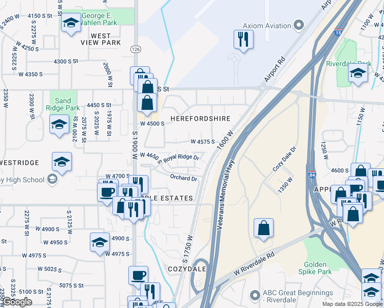 map of restaurants, bars, coffee shops, grocery stores, and more near 4593 Promenade Drive in Roy