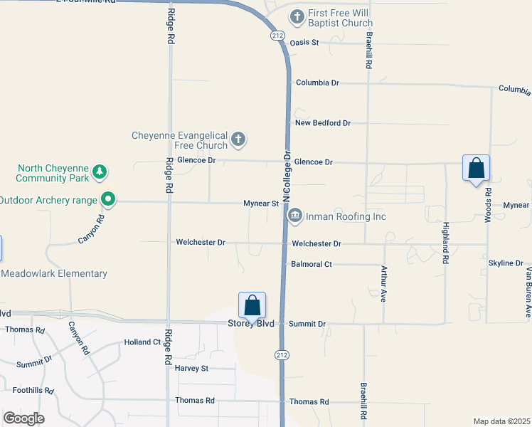 map of restaurants, bars, coffee shops, grocery stores, and more near 3649-3669 Mynear Street in Cheyenne