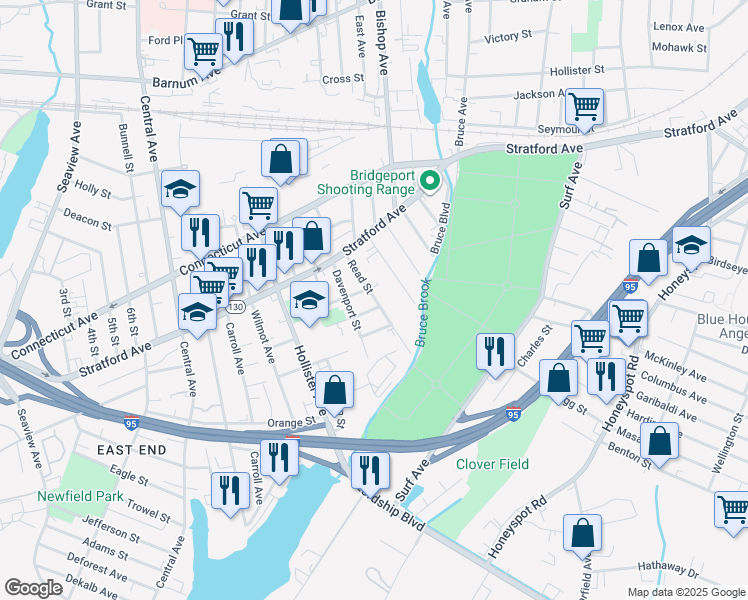 map of restaurants, bars, coffee shops, grocery stores, and more near 170 Kelsey Street in Bridgeport