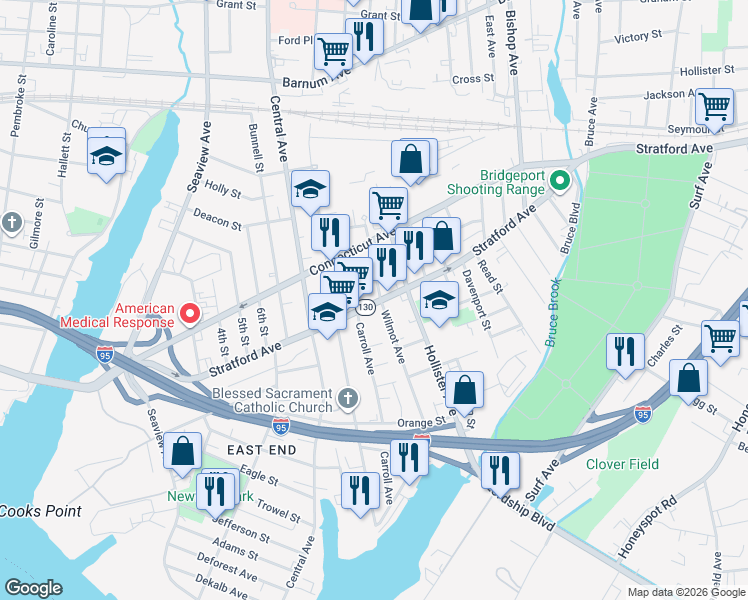 map of restaurants, bars, coffee shops, grocery stores, and more near 1443 Stratford Avenue in Bridgeport
