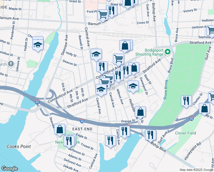 map of restaurants, bars, coffee shops, grocery stores, and more near 503 Carroll Avenue in Bridgeport