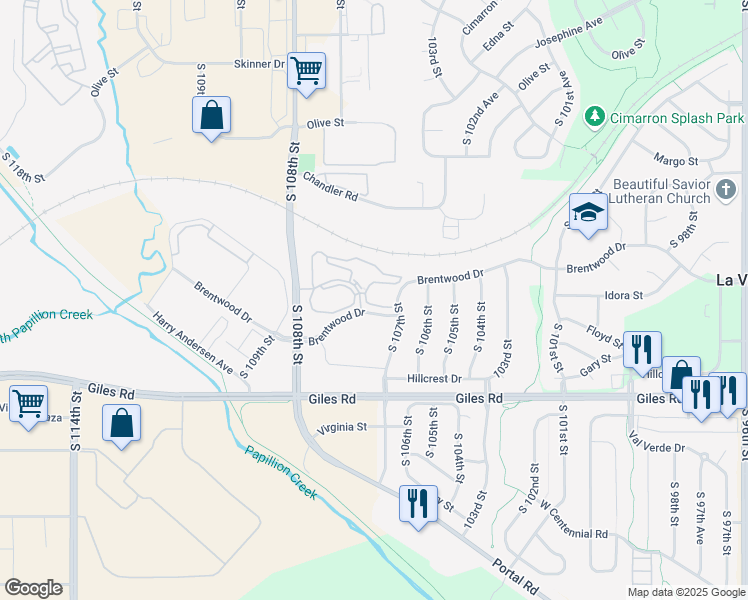 map of restaurants, bars, coffee shops, grocery stores, and more near 10710 Brentwood Drive in La Vista