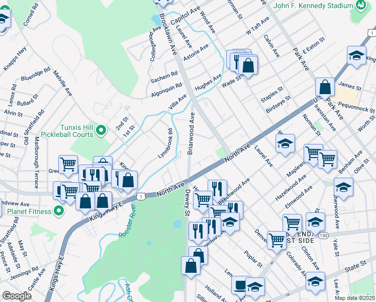 map of restaurants, bars, coffee shops, grocery stores, and more near 873 Briarwood Avenue in Bridgeport