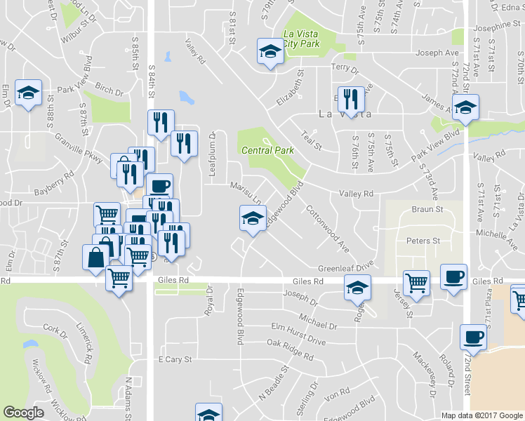map of restaurants, bars, coffee shops, grocery stores, and more near 7809 Marisu Lane in La Vista