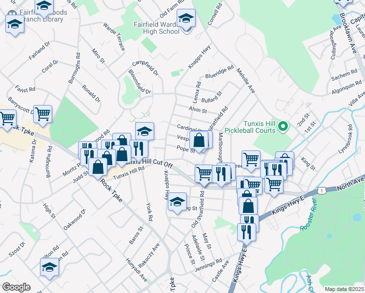 map of restaurants, bars, coffee shops, grocery stores, and more near 114 Pope Street in Fairfield
