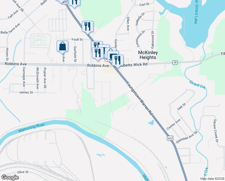 map of restaurants, bars, coffee shops, grocery stores, and more near 2355 Longwood Avenue Southeast in Niles