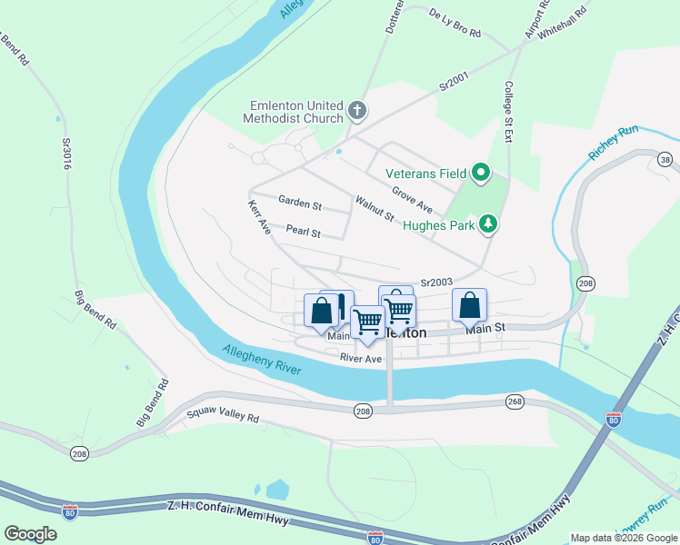 map of restaurants, bars, coffee shops, grocery stores, and more near 345 College Street in Emlenton