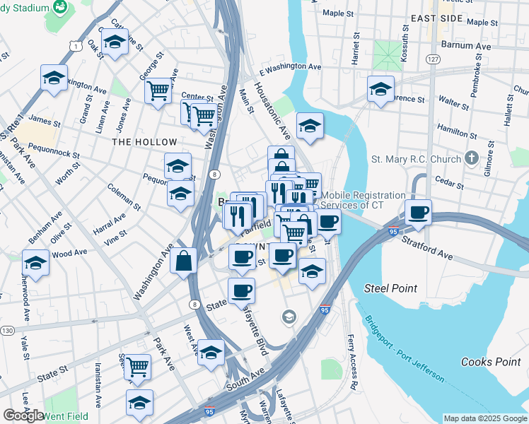 map of restaurants, bars, coffee shops, grocery stores, and more near 1208 Broad Street in Bridgeport