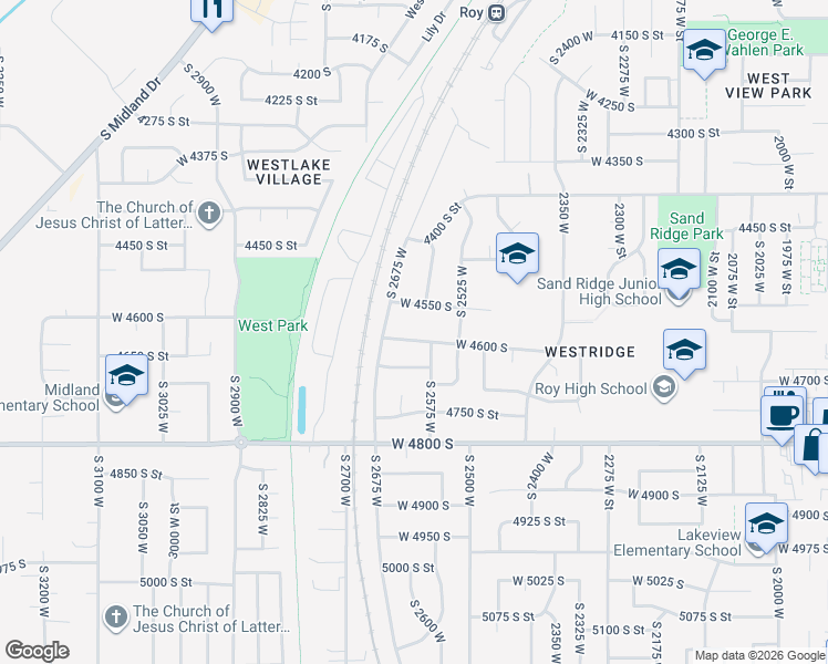 map of restaurants, bars, coffee shops, grocery stores, and more near 2602 West 4600 South in Roy