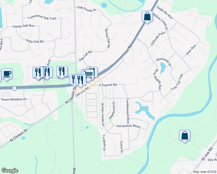 map of restaurants, bars, coffee shops, grocery stores, and more near 10329 Deadwood Court in Fort Wayne