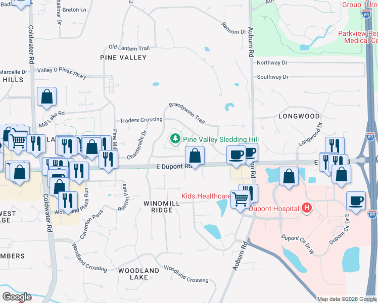 map of restaurants, bars, coffee shops, grocery stores, and more near 10412 Haverford Place in Fort Wayne