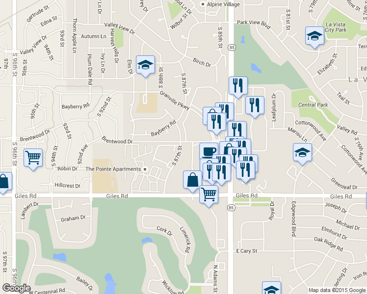 map of restaurants, bars, coffee shops, grocery stores, and more near 8623 Brentwood Drive in La Vista