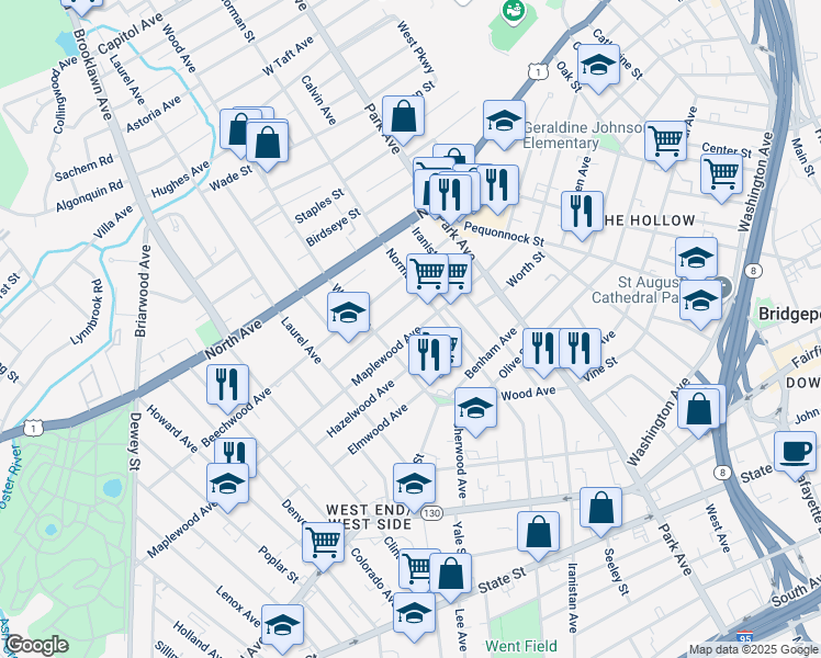 map of restaurants, bars, coffee shops, grocery stores, and more near 308 Maplewood Avenue in Bridgeport