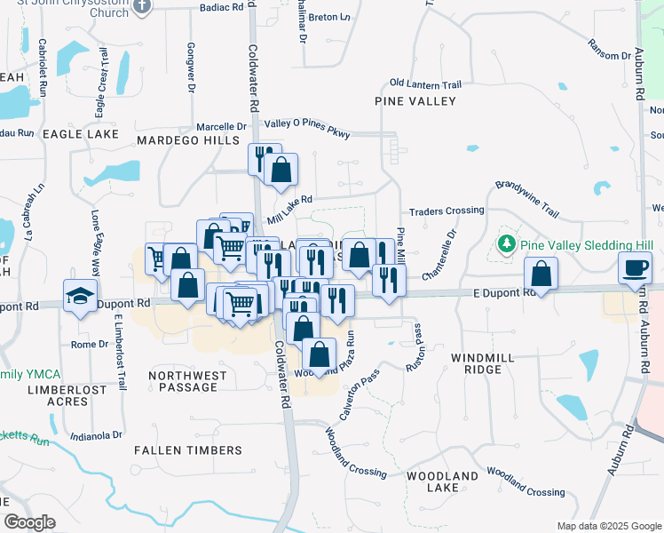 map of restaurants, bars, coffee shops, grocery stores, and more near 1005 Bridge Pointe in Fort Wayne
